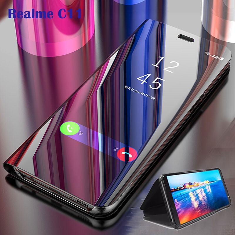 Realme C11 C15 Case Clear View Mirror Plating Leather Flip Cover Realme C11 C 11 Realmec11 Stand