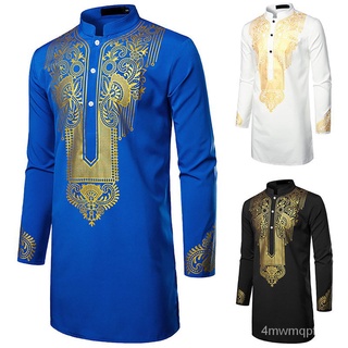 Luxury Casual Islamic Arabic Abaya Robe Fashion Ethnic Print Stand Collar Youth Mid-length Shirt Coa