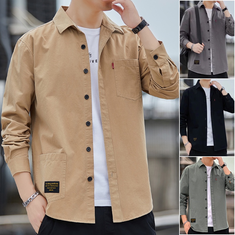 【M-3XL】Fashion Long Sleeve Shirt For Men Summer Korean Style Loose Polo ...