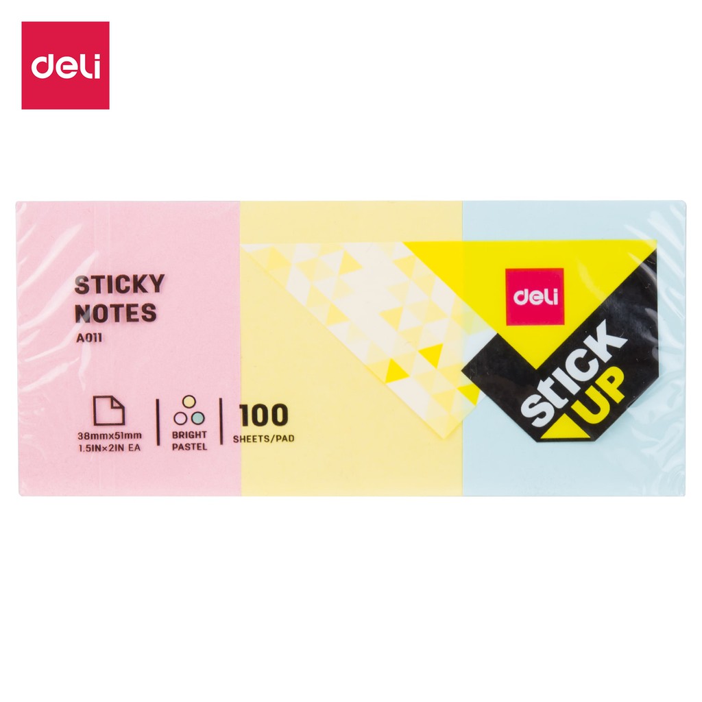 Deli EA01103 Sticky Notes 38×51mm Yellow, pink, blue asst. in 1 shrink film
