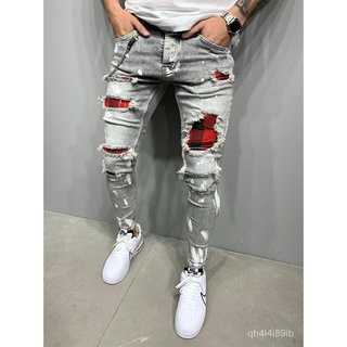 Men's Quilted Embroidered jeans Skinny Jeans Ripped Grid Stretch Denim Pants MAN Elastic Waist P