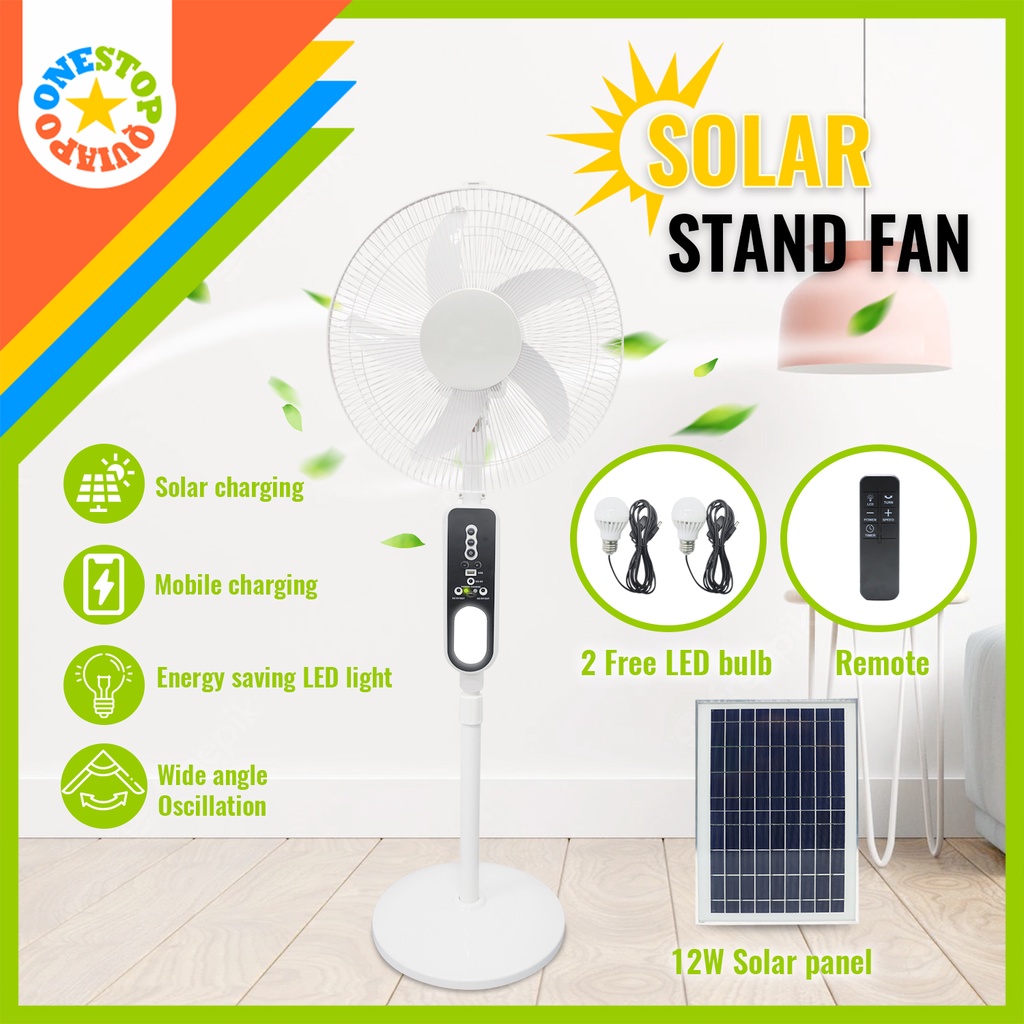 OSQ 16 Inch AC/DC Dual Power Rechargeable Stand Fan with Led Light and Solar Panel Shopee