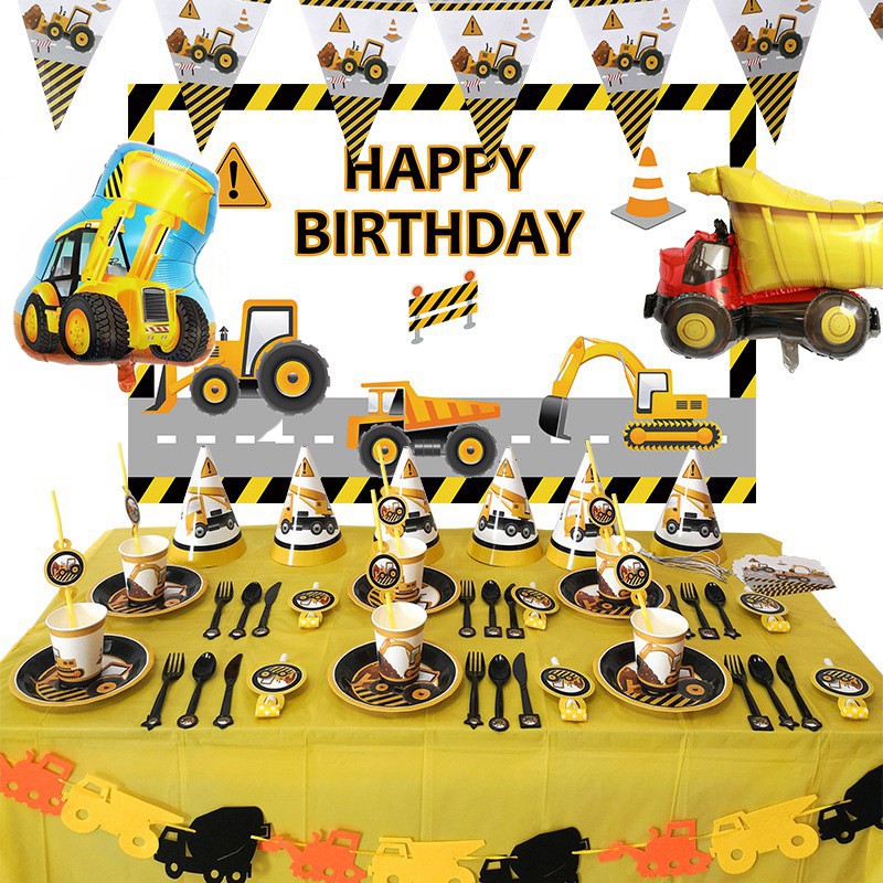 Boys Toddlers Construction Builder Digger Birthday Party Table Cover Tableware 