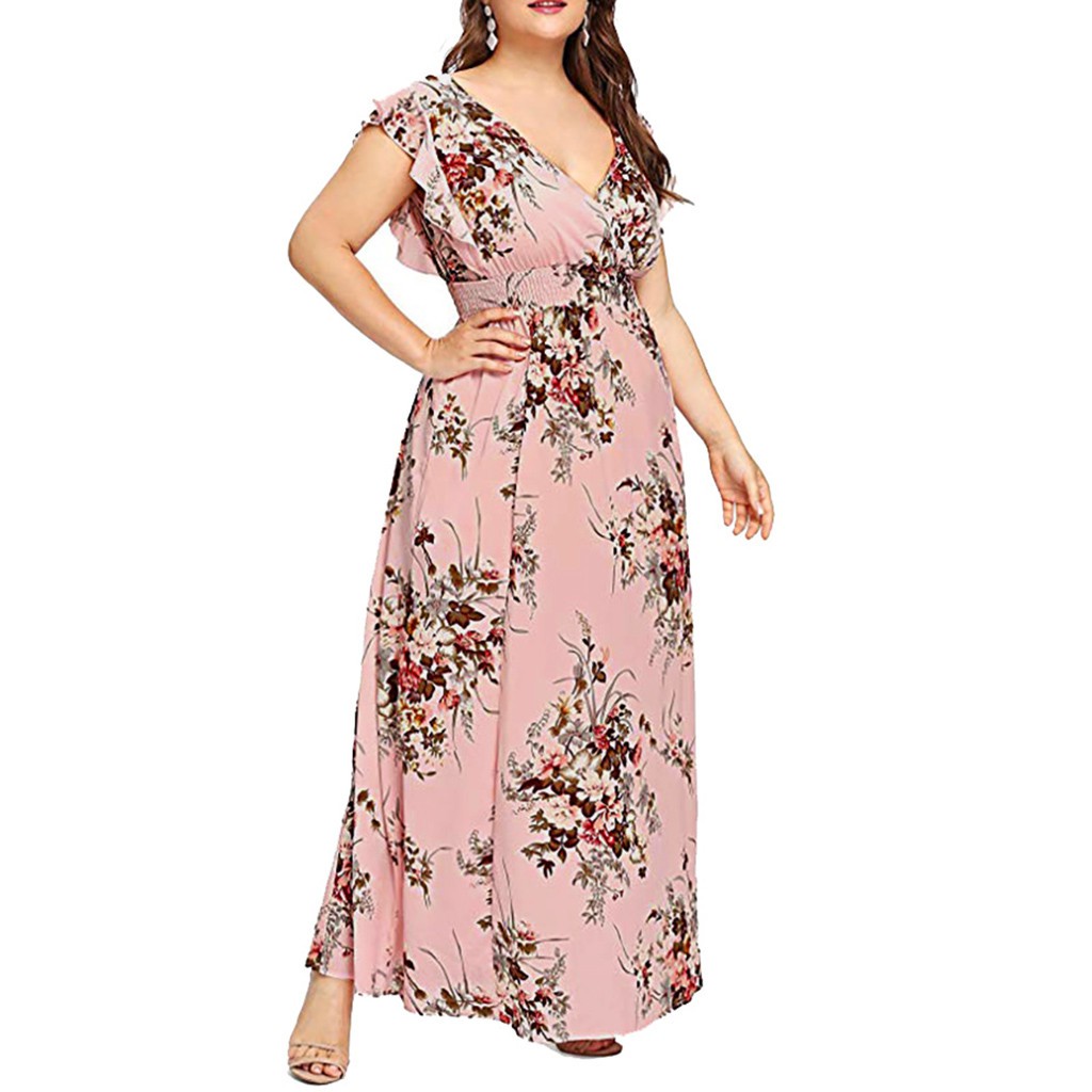 MURTIAL Womens Print Maxi Dress Plus Size Summer V Ne Floral Print Boho Sleeveless Party 