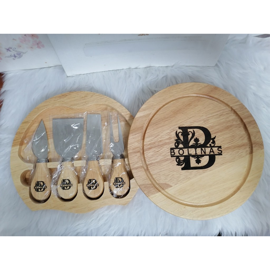 Personalized Laser Engraved Round, Round Cheese Board With Knives