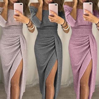 fashion off shoulder plain bow slit bodycon dress