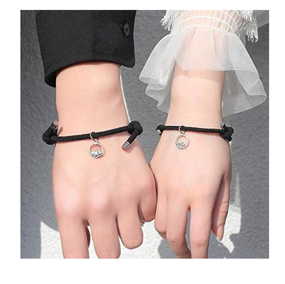 1 Pair N/Z Mutual Attraction Couple Braided Bracelet Rope with Vows of Eternal Love Silver Magnetic Bells Pendants Gift Jewelry Set for Women Men Boys Girls 