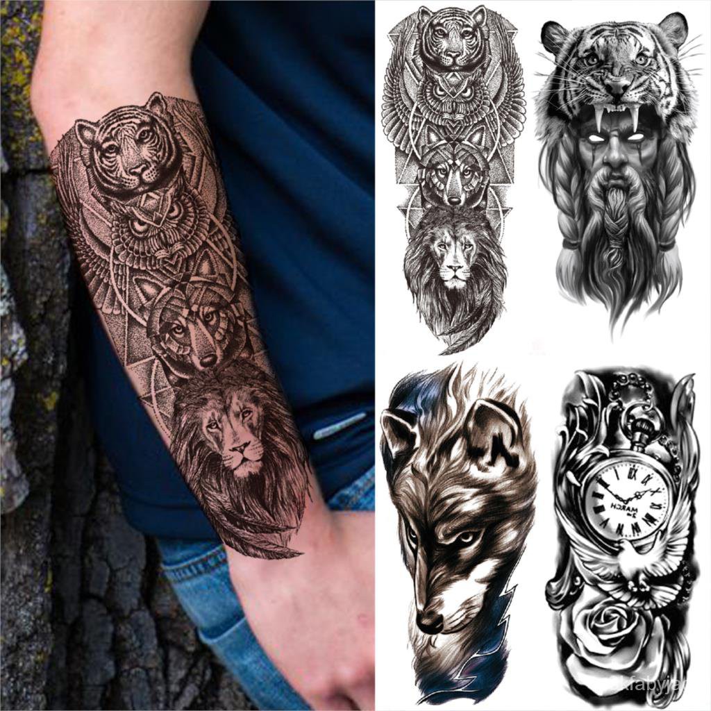 Forearm Lion Point Temporary Tattoos For Men Adults Tiger Demon Wolf Fake  Tattoos Wolf Compass Flowe | Shopee Philippines