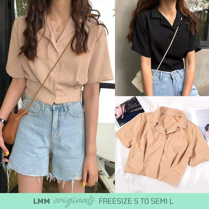 women short Sleeve Plain VNeck Korean Polo Shirt crop top polo retro