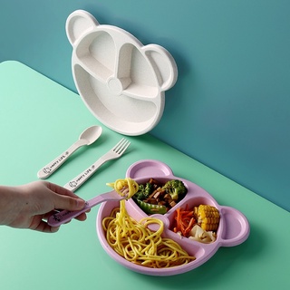 baby bottle set ✍3Pcs Cartoon Kids Dinner Plate Set Anti-Hot Divided Dish Tray+Spoon+Fork Wheat Stra