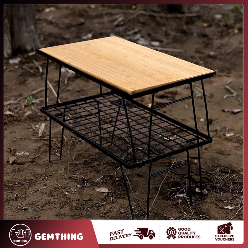 Outdoor Folding Iron Mesh Table Bamboo Board Table Picnic Table Tea Table Iron Table Drain Rack