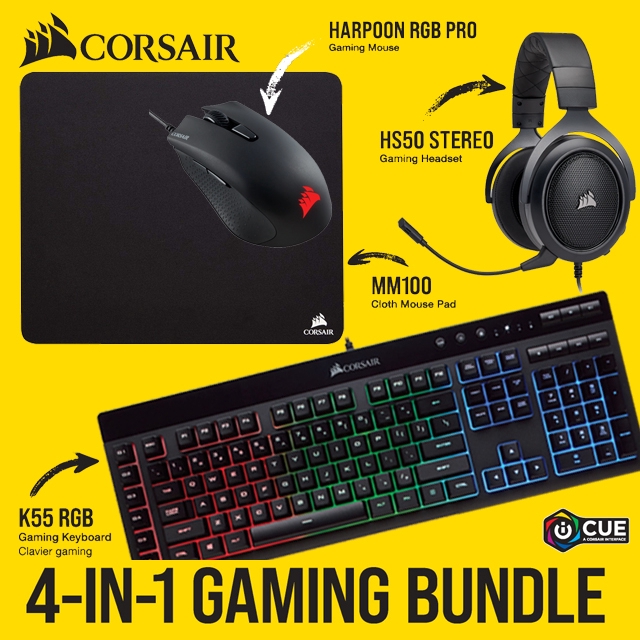 CORSAIR 4IN1 GAMING BUNDLES K55 RGB KEYBOARD HS50 HEADSET HARPOON RGB