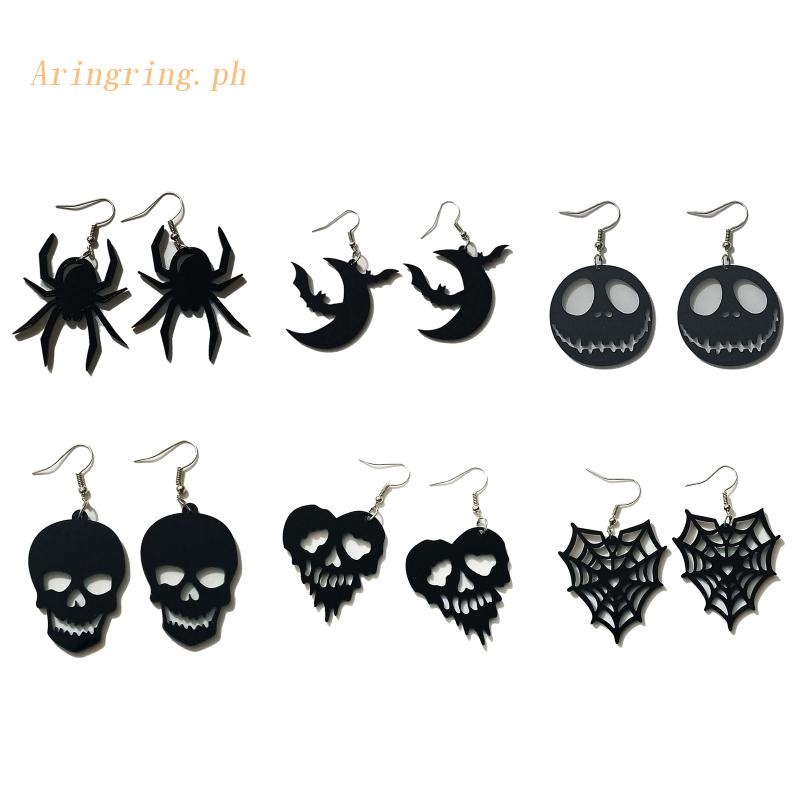 ARIN 6 Styles Holiday Earrings Smiling Face Pumpkin Skull Spider Web Spider Bat Moon Acrylic Earrings Halloween Earrings