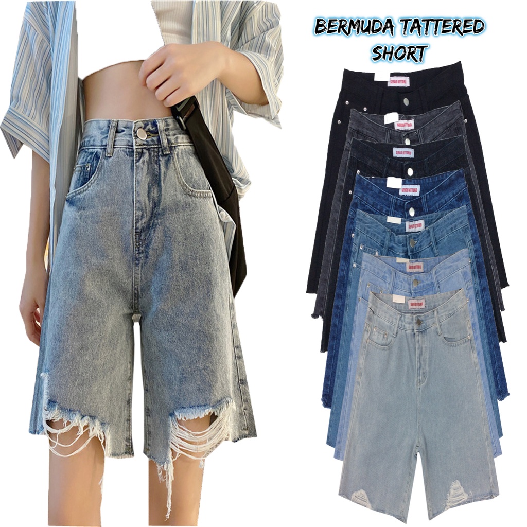 LADIES DENIM HIGHWAIST BERMUDA TATTERED TOKONG SHORT | Shopee Philippines