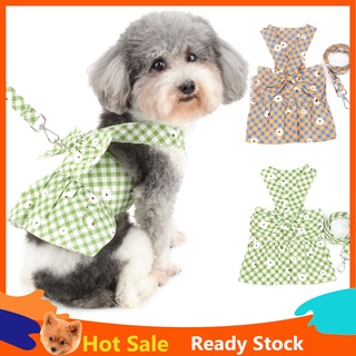 SELMAI Dog Floral Plaid Harness Dress and Leash Set Bow Puppy Princess Dress for Small Medium Dog Cat Girls Pet Skirt with D-Ring Female Dog Clothes Summer Apparel