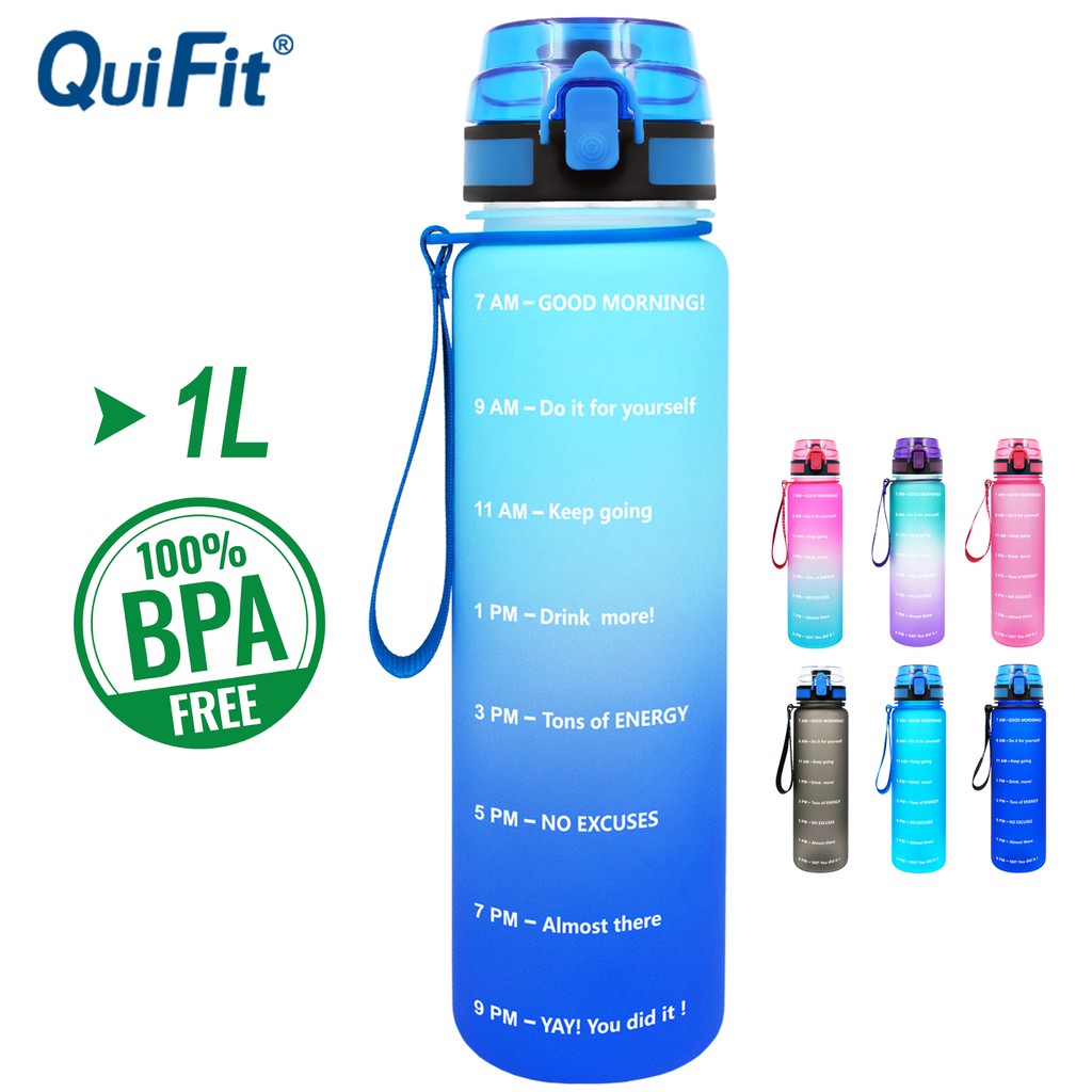 Download QuiFit New Matte Surface 1L Tritan Water Bottle With Filp Lid Time Marker BPA Free Sports ...