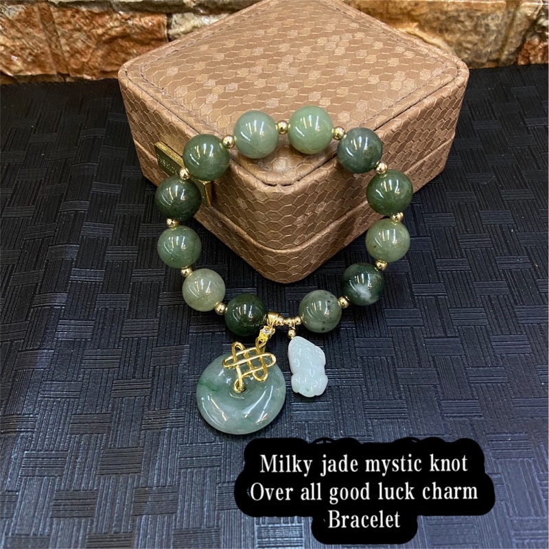 Piyao & 10k Balls Feng Shui Lucky Charm Bracelet Burmese Jade w/ Mystic Knot 