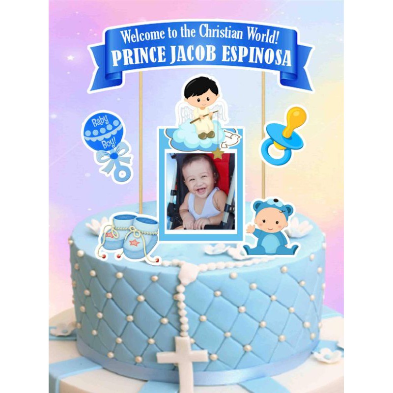 Christening Boy Customized Cake Topper (with name and photo of