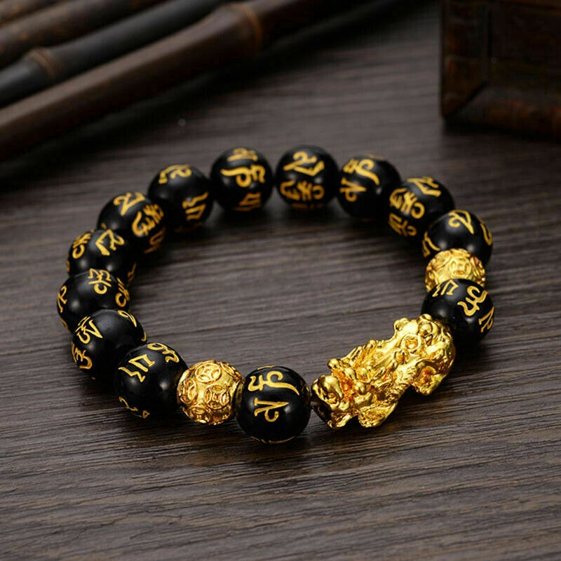 Feng Shui Gold Alloy Chinese Dragon Pixiu Bracelet Black Beads Wealth ...