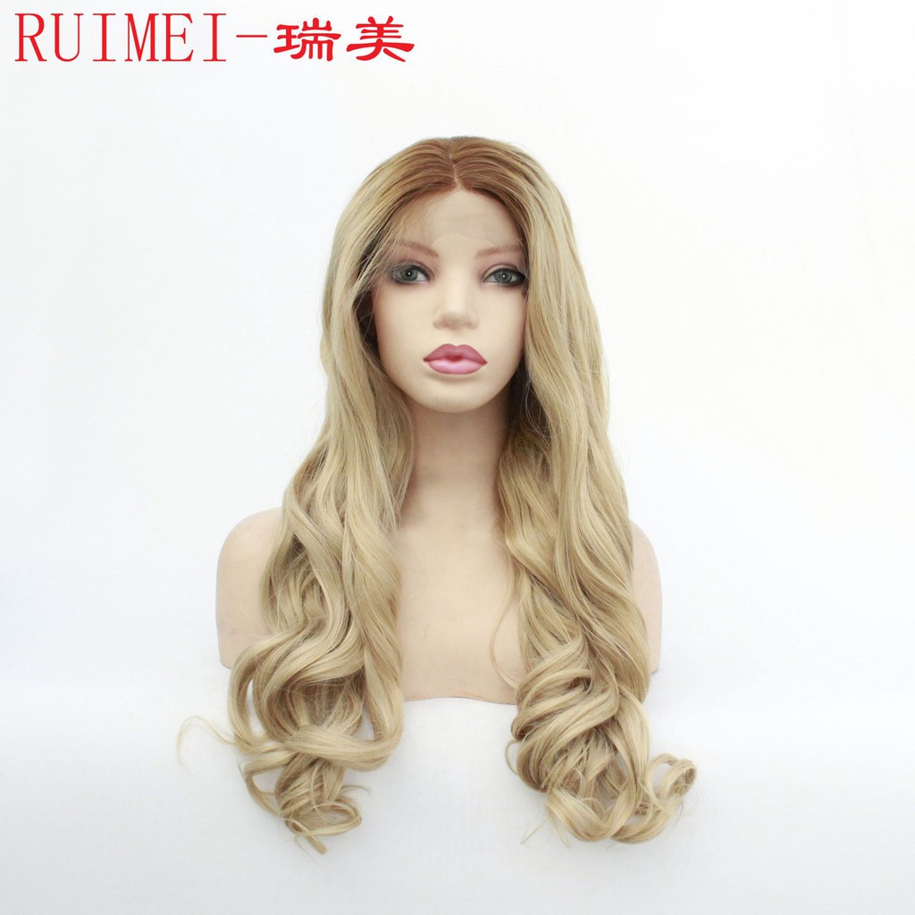 Lace Front Wig Flaxen Mix Blonde Wavy Synthetic Natural Afro Remy