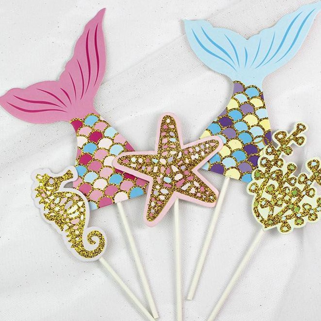 5pcs/set cute mermaid tail starfish coral seahorse cake toppers party supplie GU