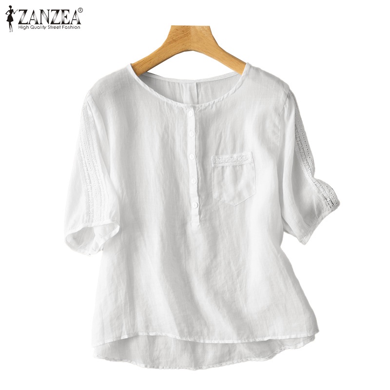 ZANZEA Women Half Sleeved Cotton Summer Solid Color Shirts O-Neck Tops ...