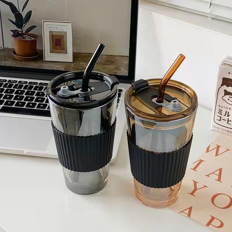 450ml Minimalist Coffee Glass Mug Cup Tumbler with Lid Cover Cup Sleeve and Straw Shopee