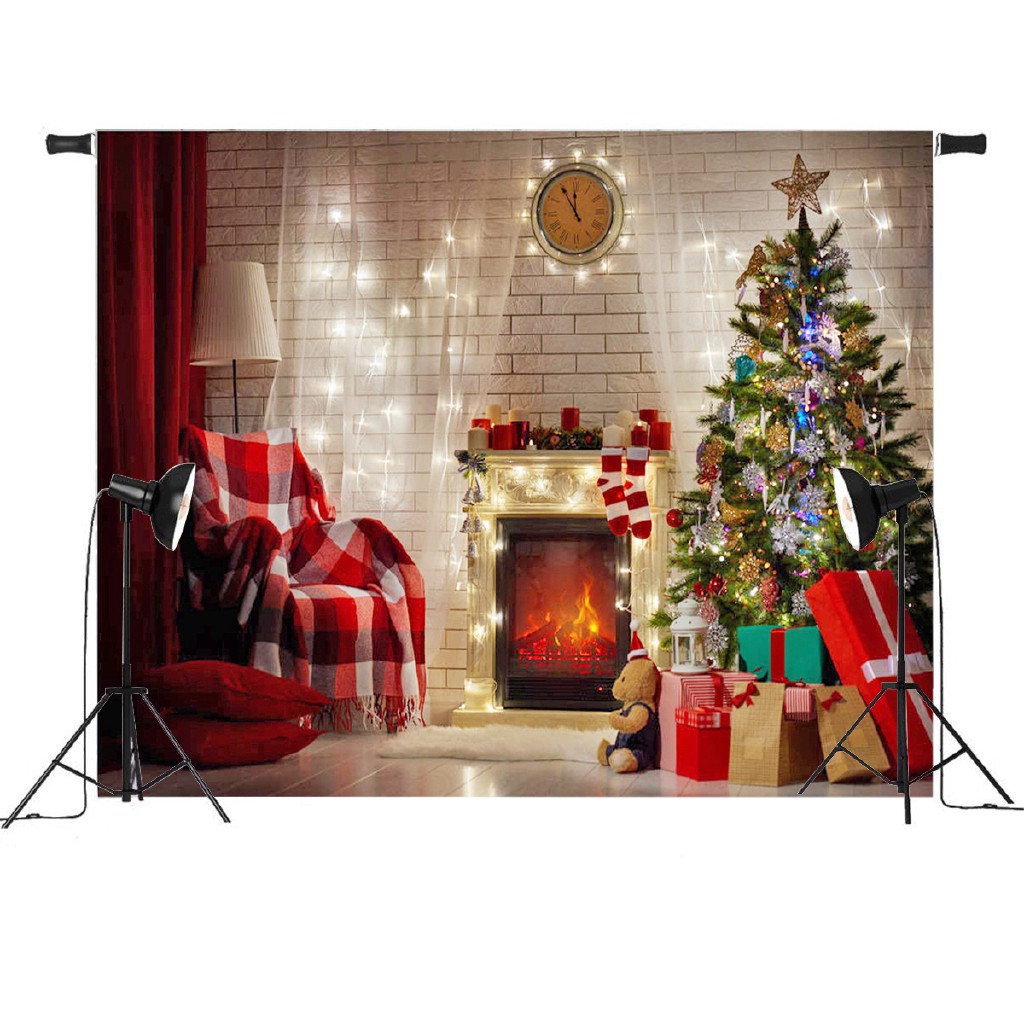 Zj 7x5ft Retro Christmas Tree Vinyl Fireplace Photography