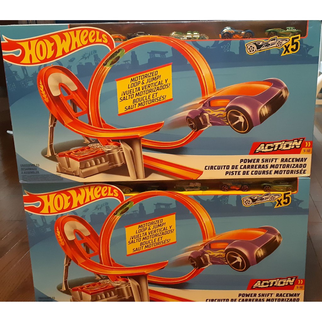 hot wheels power shift raceway track & 5 race vehicles set