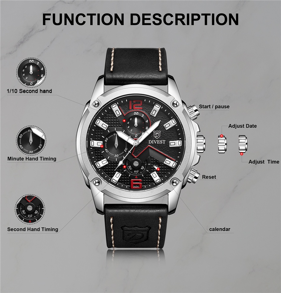 Top Brand DIVEST Watch Men Business Fashion Casual Quartz Leather Mens
