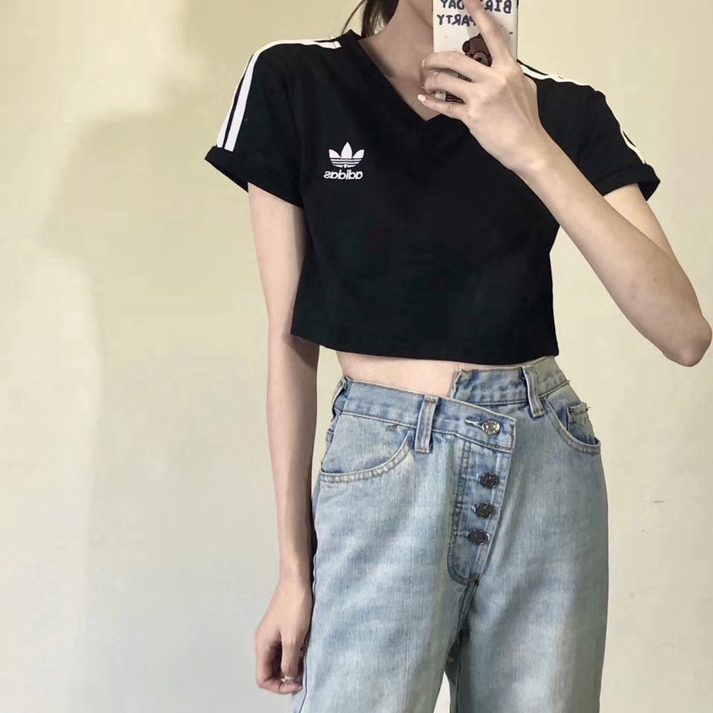 Adidas Short T-shirts Women Crop Tops High Waist Short Sleeve Summer Tops  Women T-shirt V-neck Black White 3 Stripes Classic Cropped Top | Shopee  Philippines