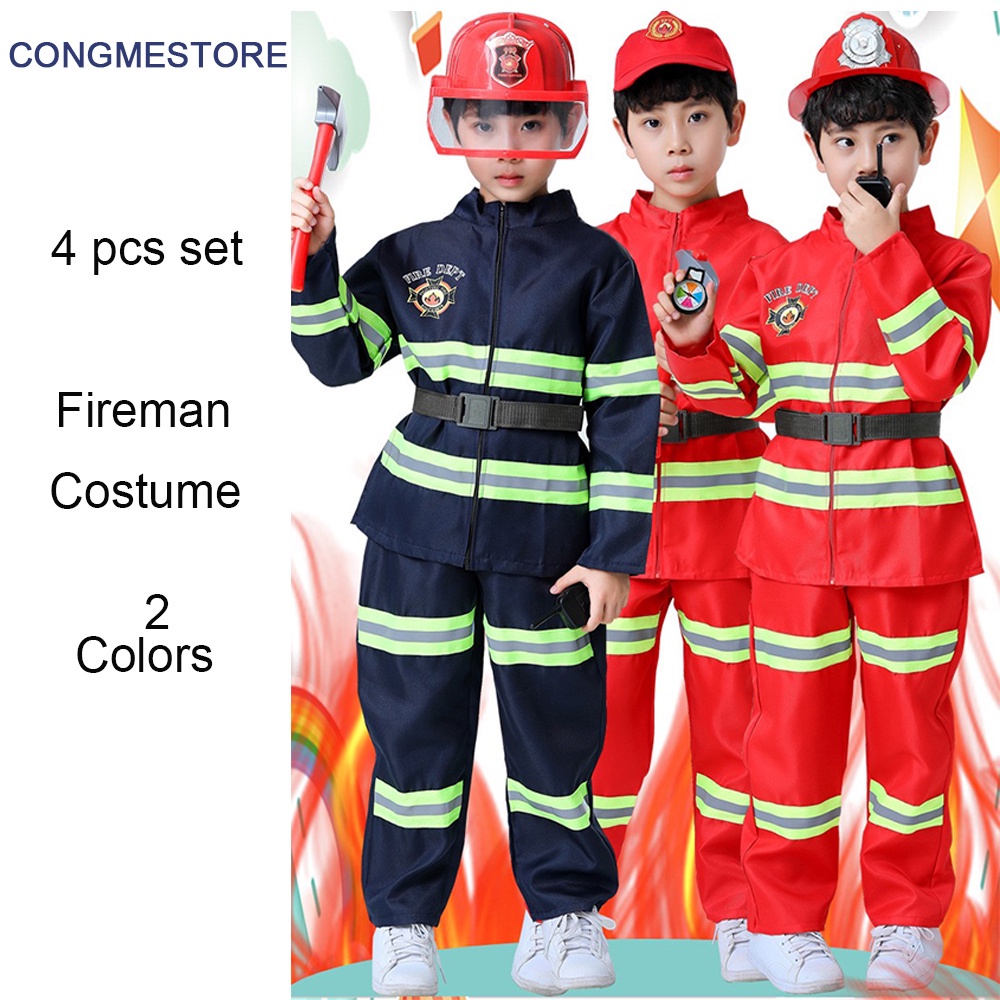 Congme Kid boy girl Fireman Costume Fire Fighter 4pcs Costume Rescue  Service Halloween Cosplay Costume Party for Kids/Adult,Coat,Pant,Belt&Cap |  Shopee Philippines