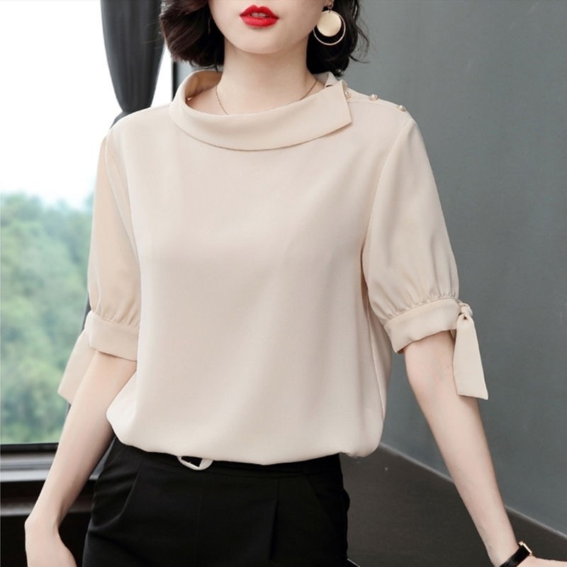 Women Chiffon Blouse Short Sleeve Lace up Loose Fashion  