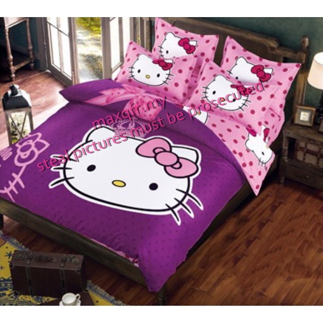 Purple Fitted Cartoon Hello Kitty Bed Sheet 4 In 1 Bed Sheet Set Queen Size