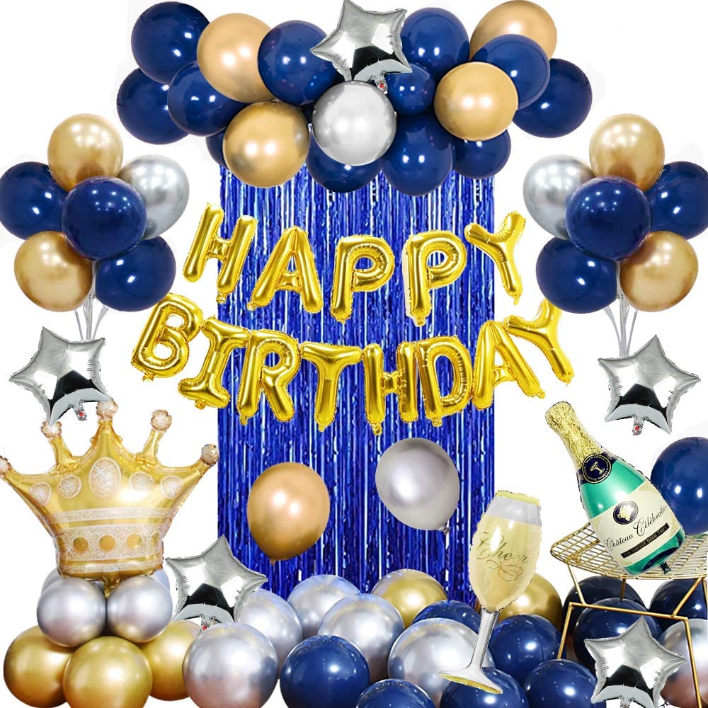 Ready Stock Birthday Party Decorations Blue Silver And Gold Party Balloons For Boys Friends Men Teens With Happy Birthday Banner Crown Champagne Balloons For 18th 21st 30th 40th 50th 60th 70th Party Decor