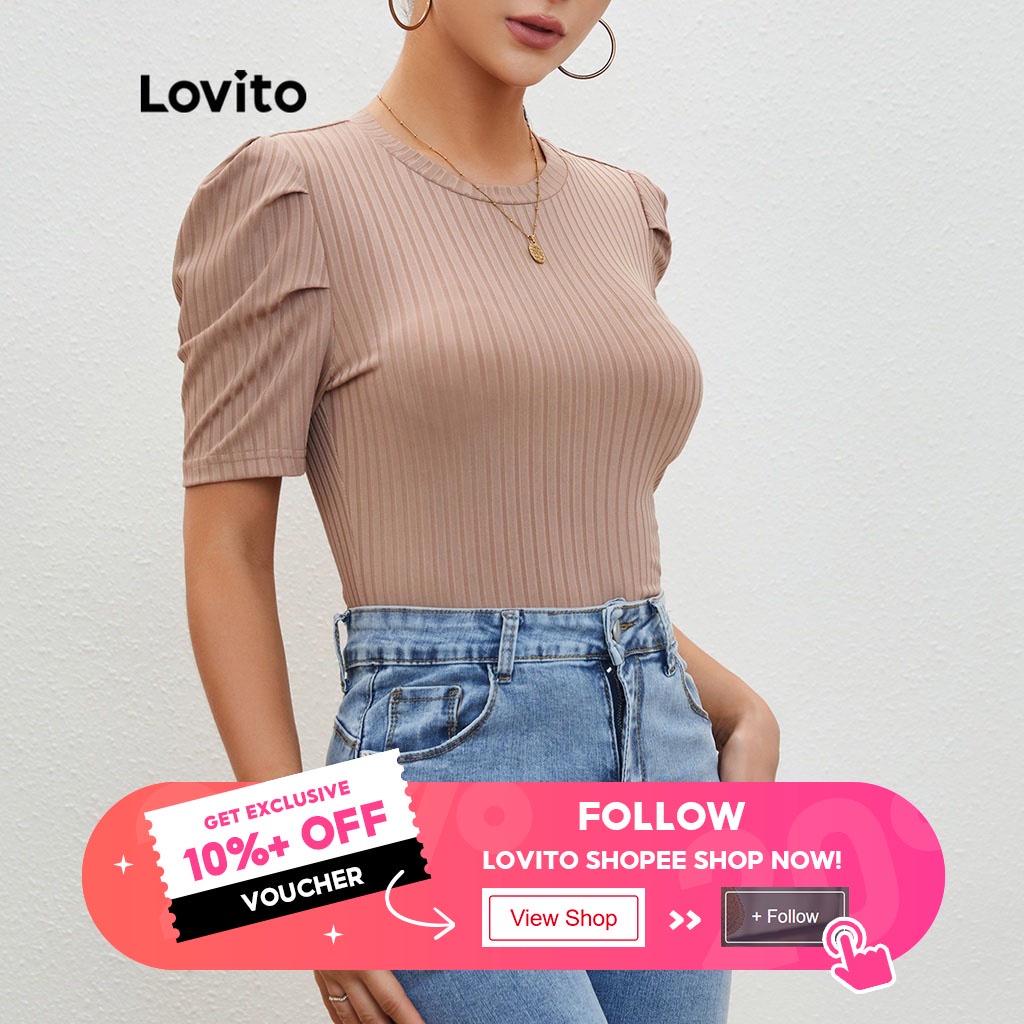 Lovito Plain Round Neck Puff Sleeve T-Shirts L20D063 (Camel/Black ...