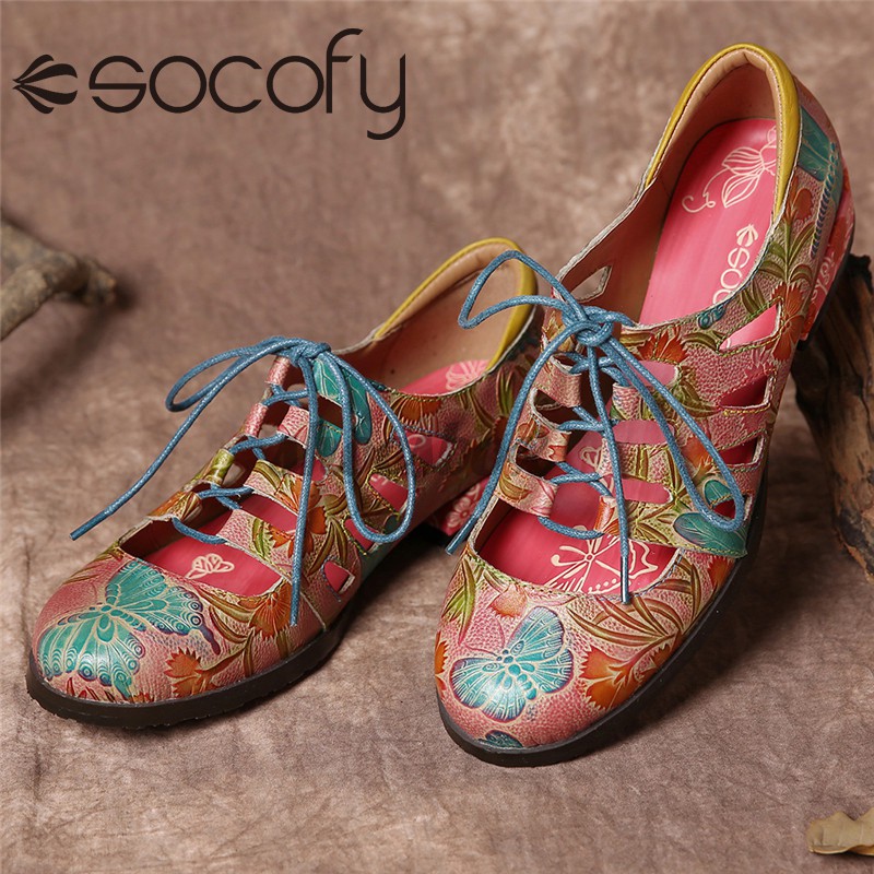 SOCOFY Embossed Butterfly Flowers Retro Leather Cutout Lace Up Slip On  Elegant Flat Shoes | Shopee Philippines