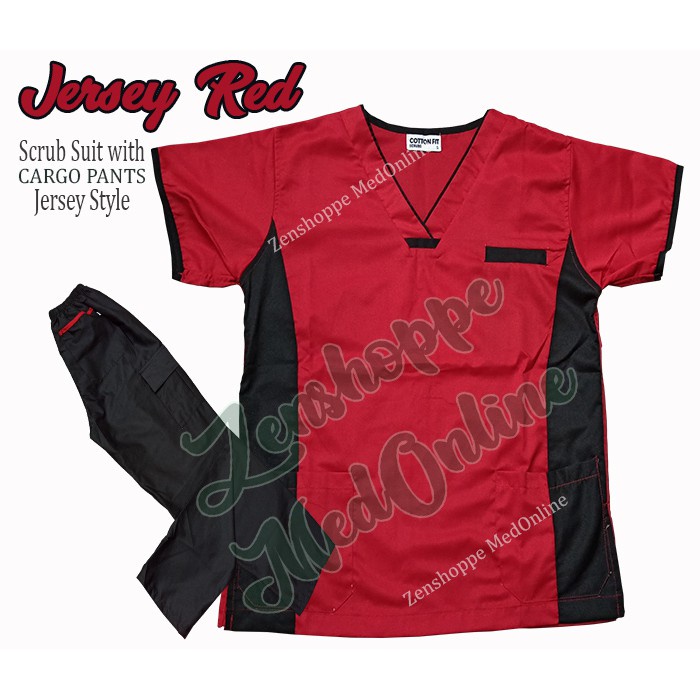 【Philippine cod】 Jersey Scrub Suit with Cargo Pants (Red) ]LCJ