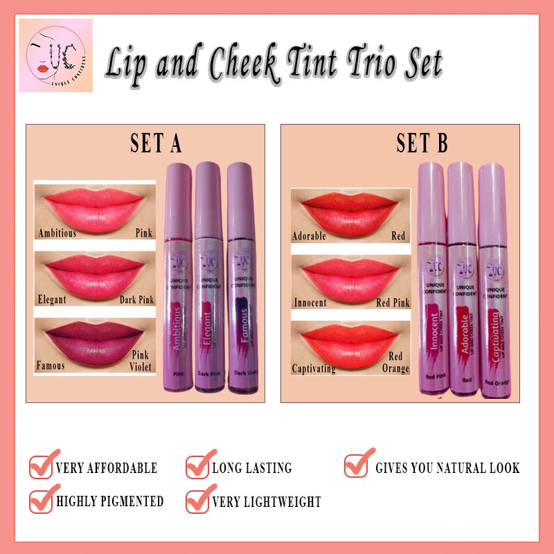 Unique Confident Lip Tint Set, 3pcs per set of Semi gel liptint, Kiss