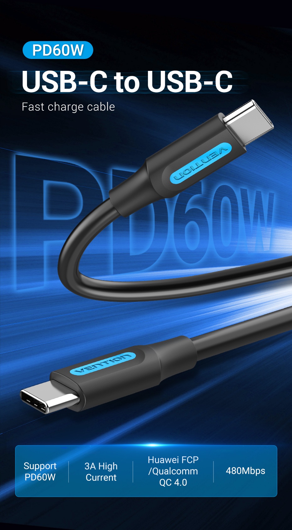 Vention 60w Usb C To Cable Pd 3a Type C Fast Charging 480mbps High Speed Data For Android