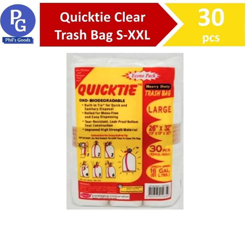 Quicktie Heavy Duty Clear Transparent Trash Bags S,M,L,XL,XXL 30s, 10pcs per roll Shopee