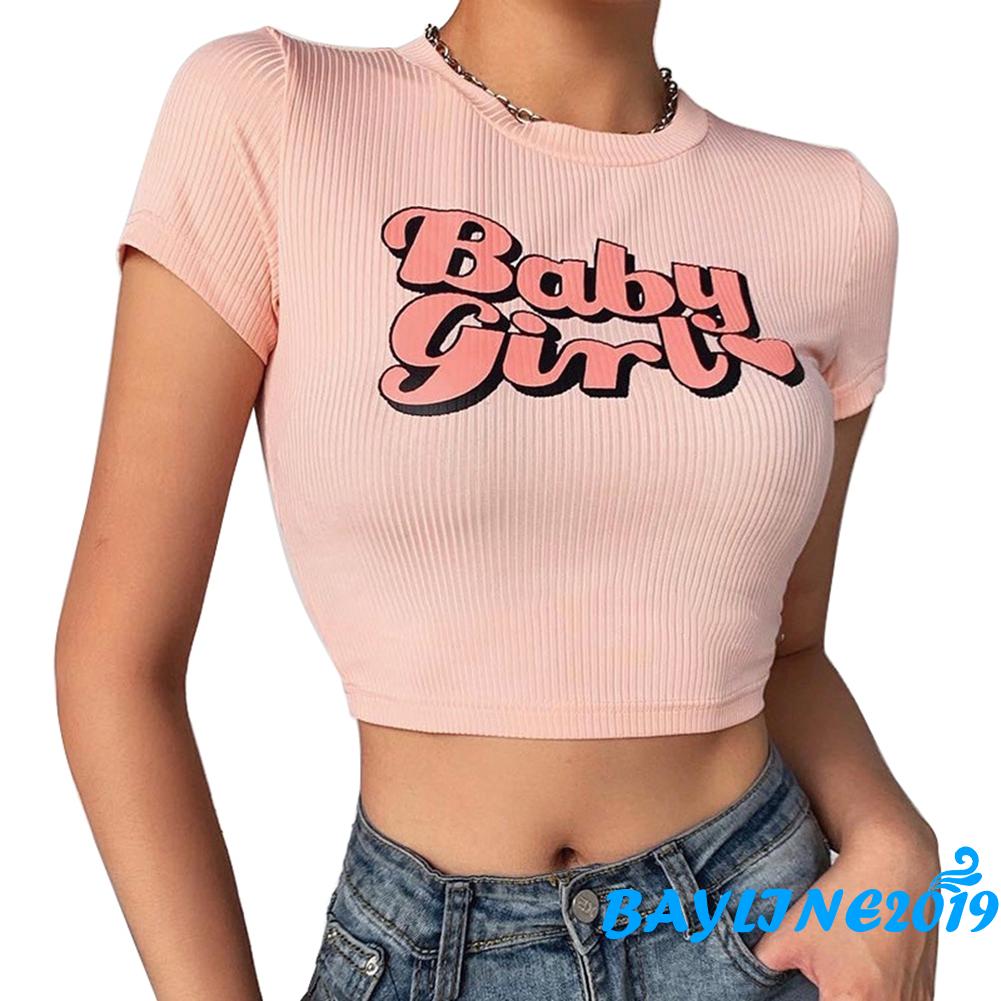 ℳay Women´s Short Sleeve Crop Top Cute Letter Print Crew Neck Rib Knit Basic Tee Top Shopee 