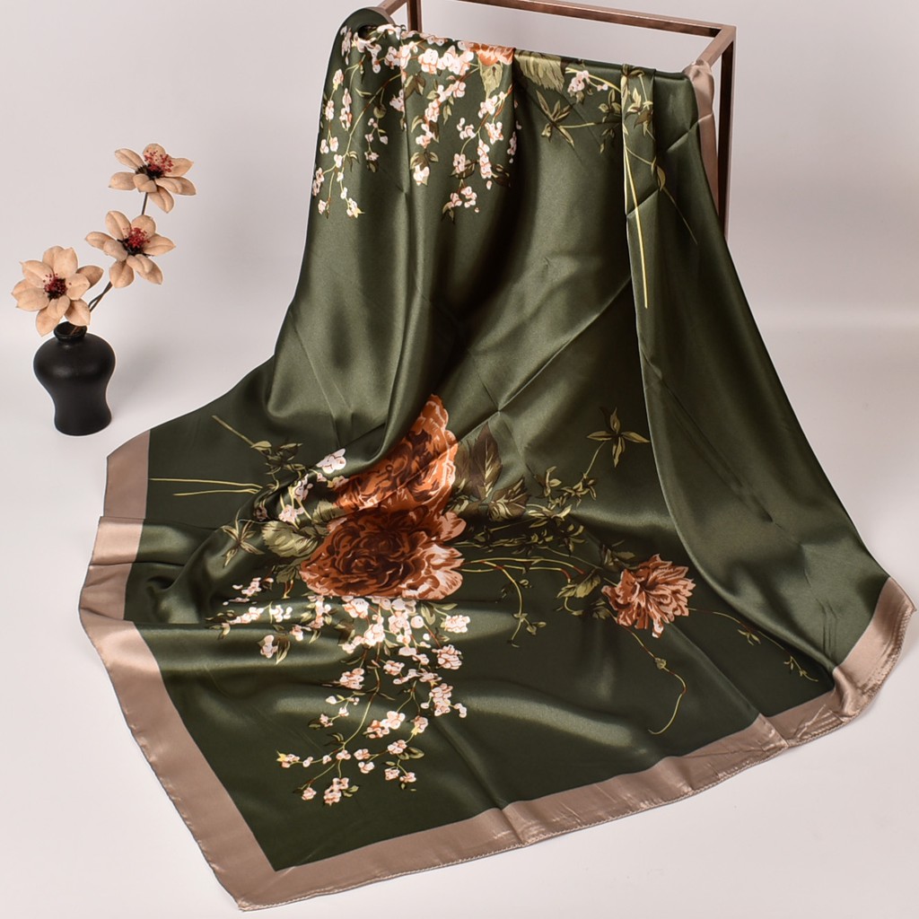 GD016 90X90 Scarf 90cm Flower Geranium Lady Silk Scarves Floral Scarves