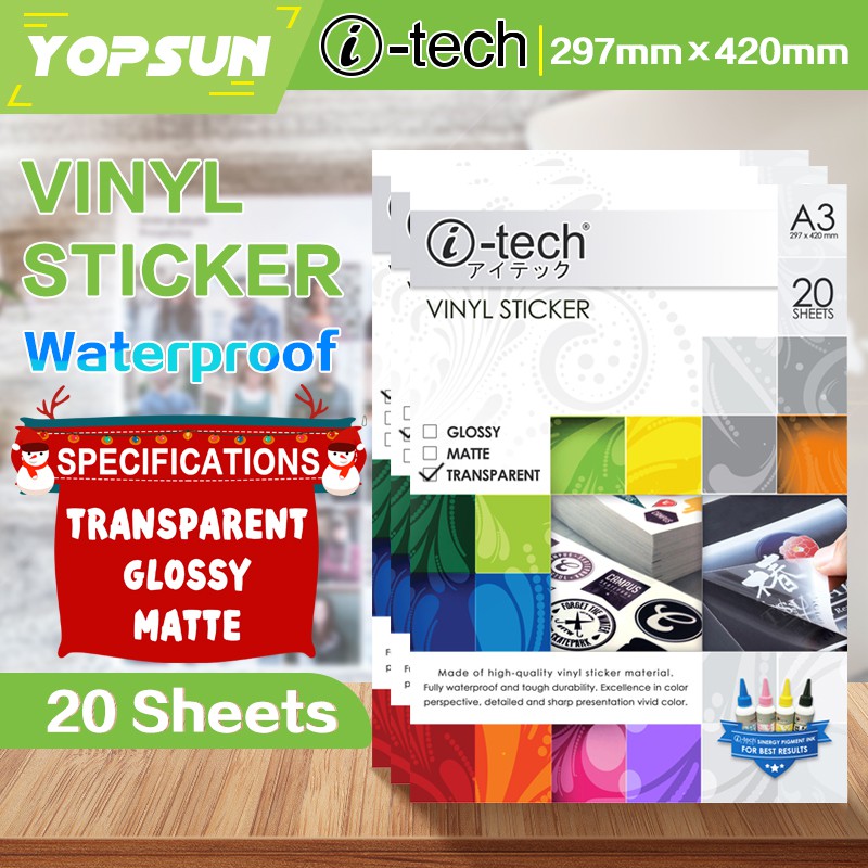 A3 Vinyl Sticker Waterproof Matte / Glossy / Transparent 20Sheets/Pack ...