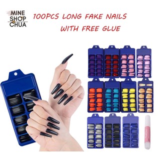 (WITH glue) 100Pcs  set Acrylic Candy Color Full Cover Ballerina Matte False Nail Fake nails set