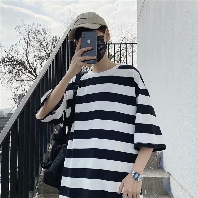 Black And White Striped Short Sleeved T Shirt Men S Tide Brand Ins Loose Trend Summer Wild Harajuku Port Style Casual Five Point Sleeve Shopee Philippines - black and white striped oversized shirt roblox