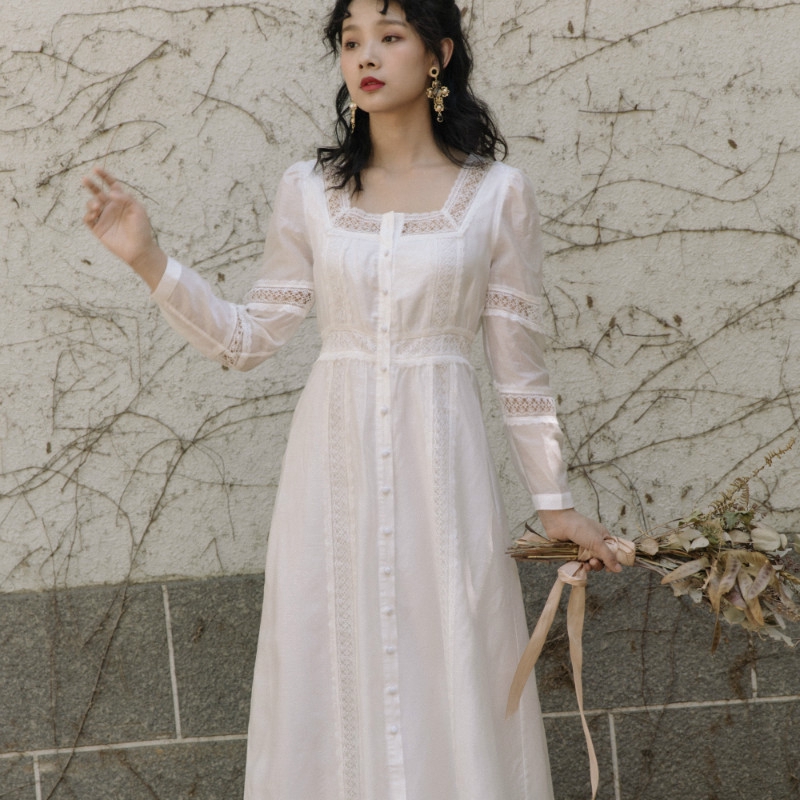 Autumn High Quality Fashion French Vintage Lace Dress Panel Long