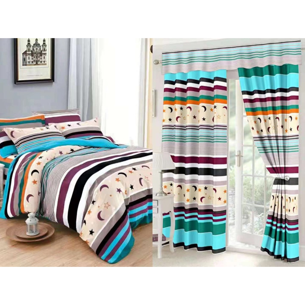 6 in 1 Bedsheet/Curtain Set Double Size (1pc. bed sheet, 2pcs. pillow