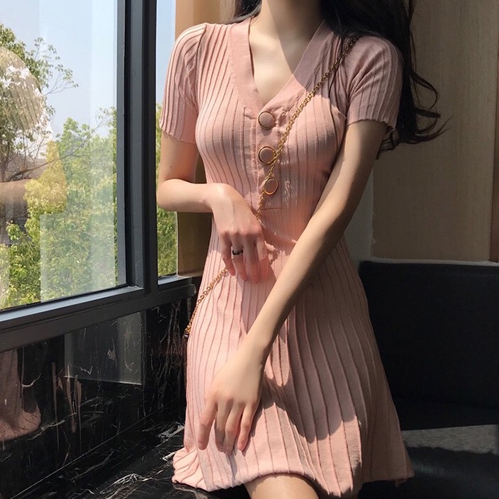 Aliya-318 Korean Style Knitted Dress Short Sleeve Pleated Mini Dress V Neck  Buttons Down Casual Dres | Shopee Philippines