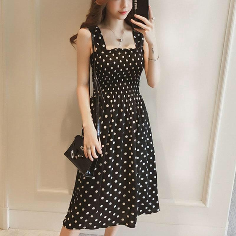 Women Korean Polka Dot OffShoulder Sleeve Maxi Dress Summer Slip Dress